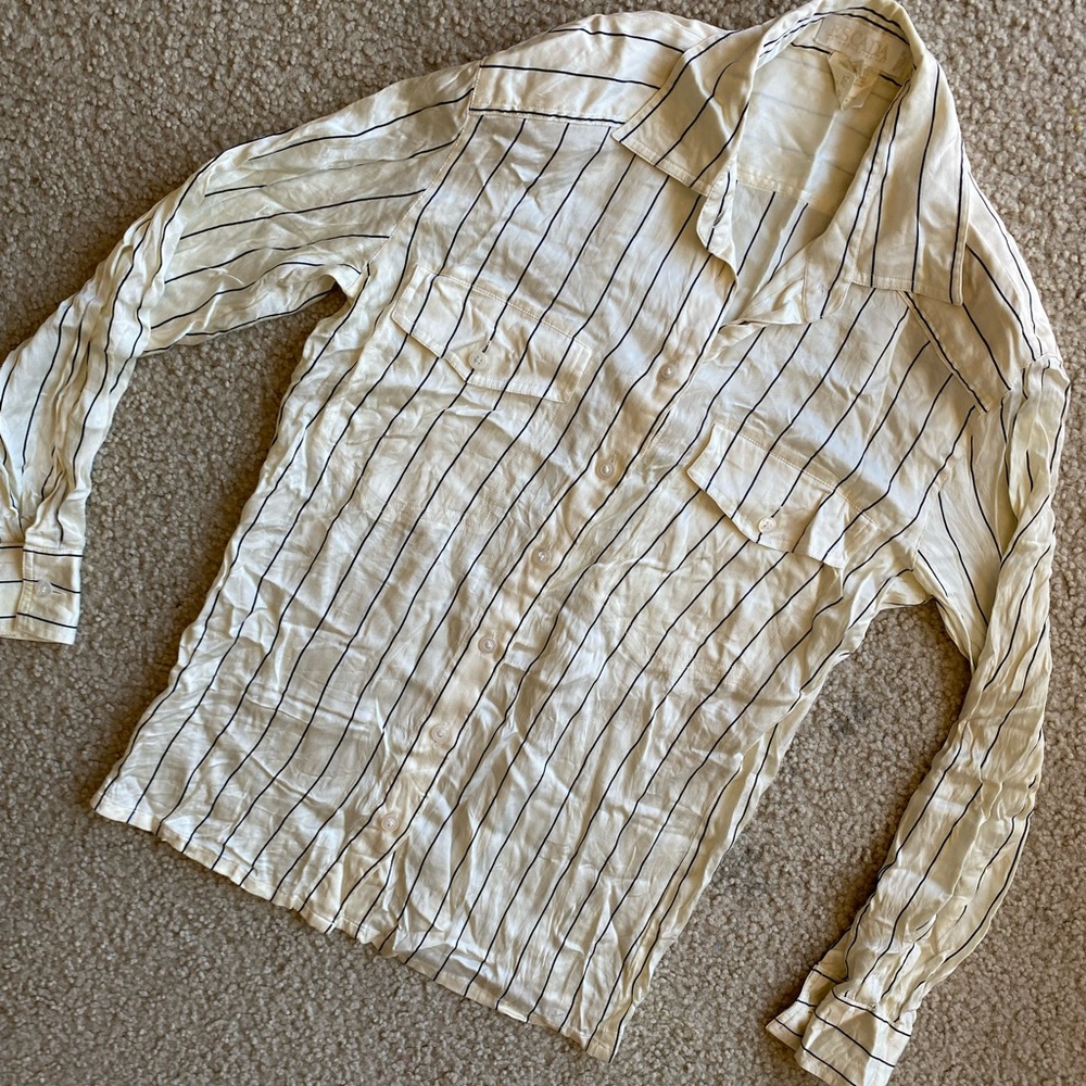 Escada Cream and Black Striped Button Down Shirt